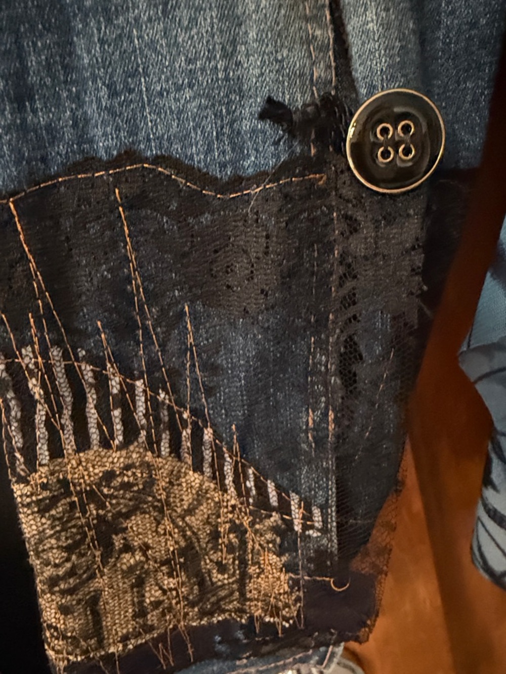 Miss Lili Blue Denim Jacket with Black Lace & Printed Fringe - Picture 4 of 5